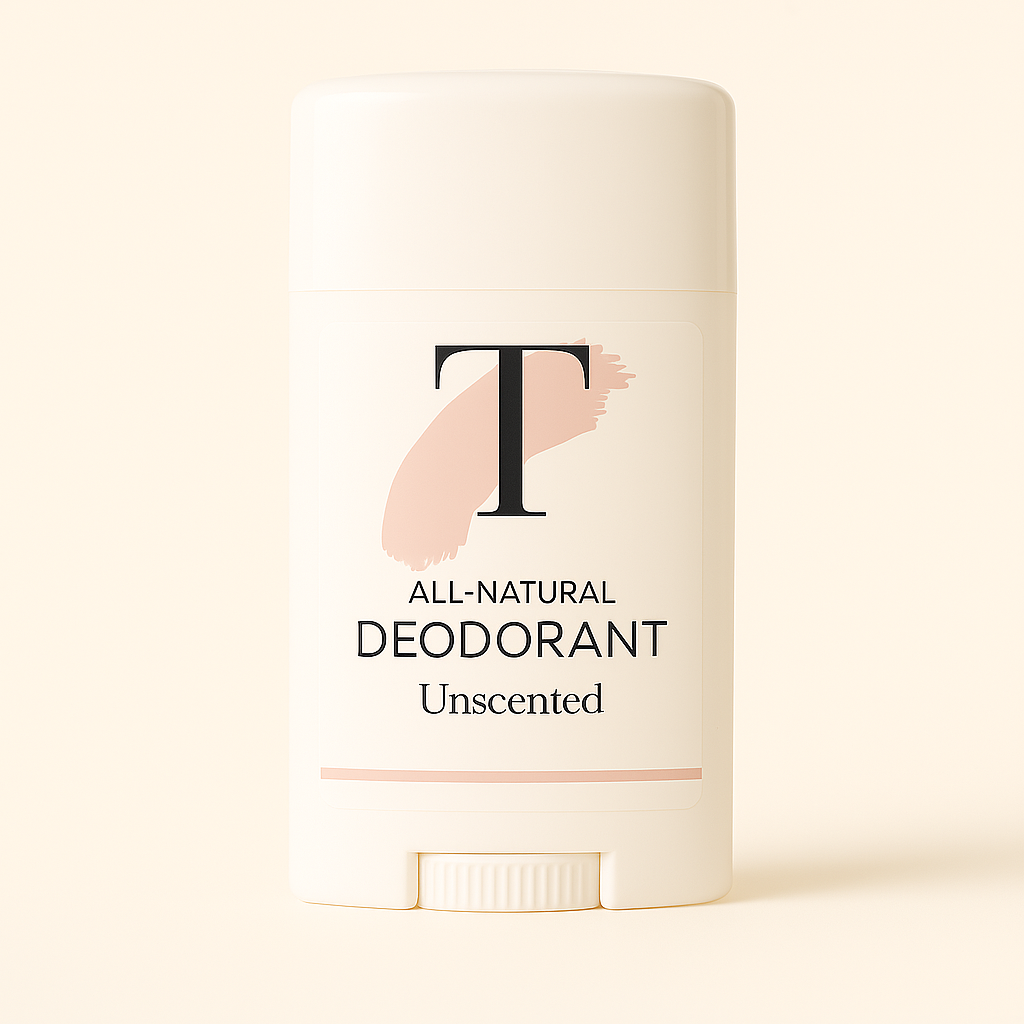 Person reaching for a deodorant stick on a bathroom counter.